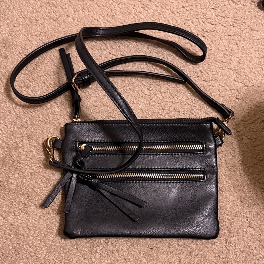 Black Leather Crossbody Bag with Gold Zippers
